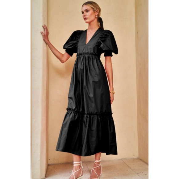 Hunter Bell Tuckernuck NY Palmer Puff Sleeve Midi Dress Black Size L 100% Cotton - Picture 1 of 6